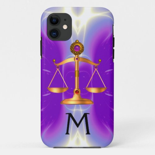 GOLD SCALES OF LAW WITH GEM STONES MONOGRAM Pink iPhone 11 Case