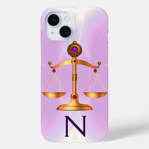 GOLD SCALES OF LAW WITH GEM STONES MONOGRAM Pink iPhone 15 Case