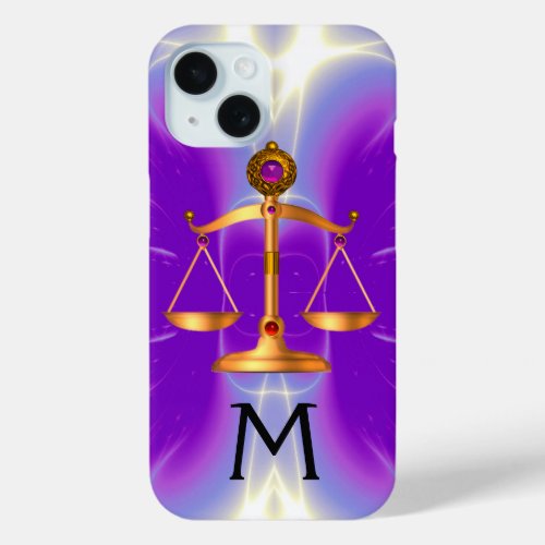GOLD SCALES OF LAW WITH GEM STONES MONOGRAM Pink iPhone 15 Case