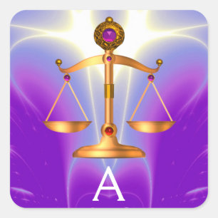 GOLD SCALES OF LAW WITH GEM STONES MONOGRAM SQUARE STICKER