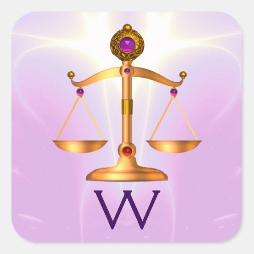 GOLD SCALES OF LAW WITH GEM STONES MONOGRAM SQUARE STICKER