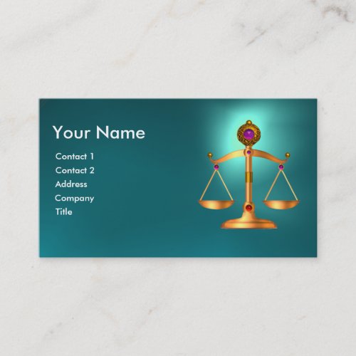 GOLD SCALES OF LAW WITH GEM STONES MONOGRAM Teal Business Card