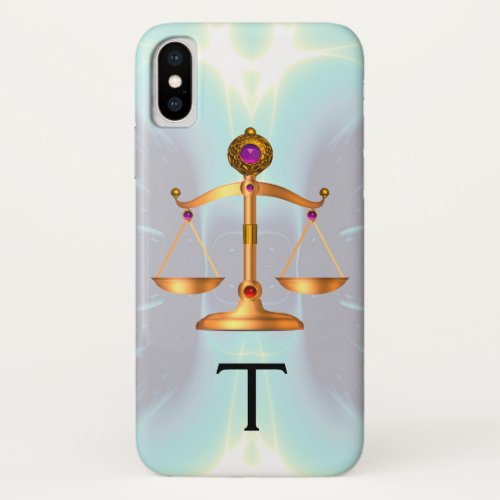 GOLD SCALES OF LAW WITH GEM STONES MONOGRAM Teal iPhone X Case