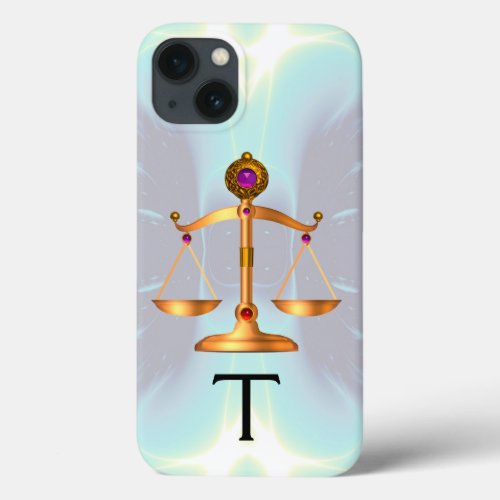 GOLD SCALES OF LAW WITH GEM STONES MONOGRAM Teal  iPhone 13 Case