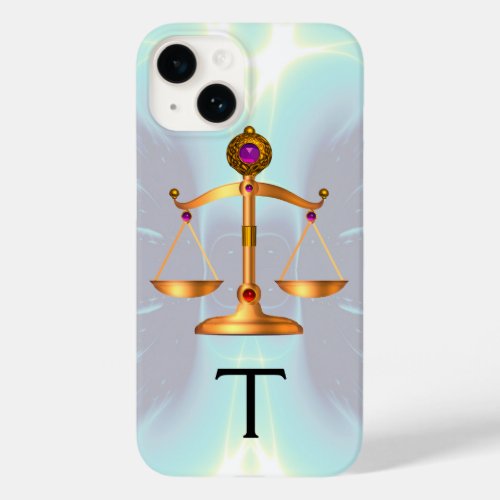 GOLD SCALES OF LAW WITH GEM STONES MONOGRAM Teal Case_Mate iPhone 14 Case