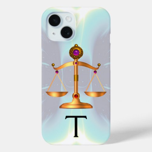 GOLD SCALES OF LAW WITH GEM STONES MONOGRAM Teal iPhone 15 Case