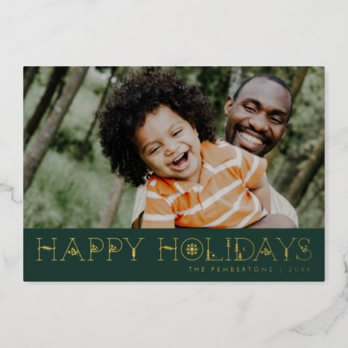 Gold Scandi Type Happy Holidays Green Photo Foil Holiday Card
