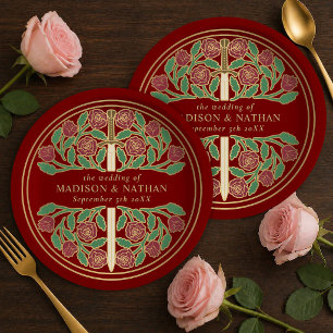 Gold Scarlet Royal Medieval Floral Sword Wedding Paper Plates