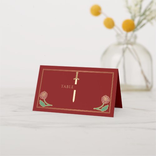Gold Scarlet Royal Medieval Floral Sword Wedding Place Card