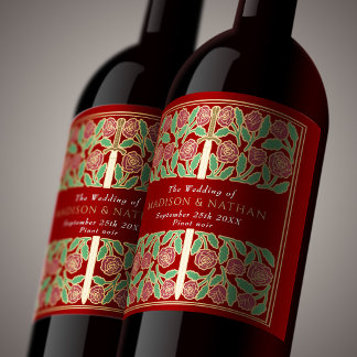 Gold Scarlet Royal Medieval Floral Sword Wedding Wine Label