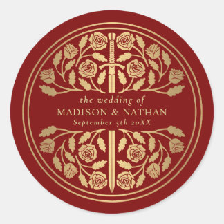 Gold Scarlet Royal Medieval Sword Wedding  Classic Round Sticker