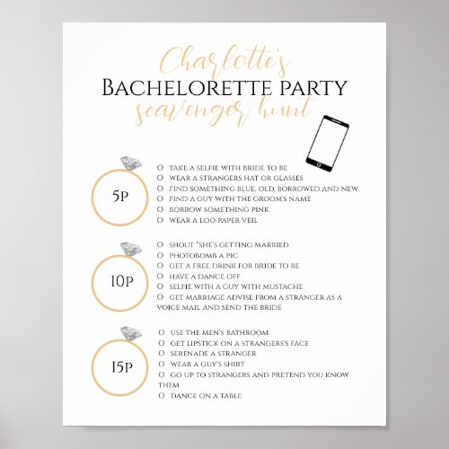 Gold Scavenger Hunt Bachelorette Party Photo Game Poster