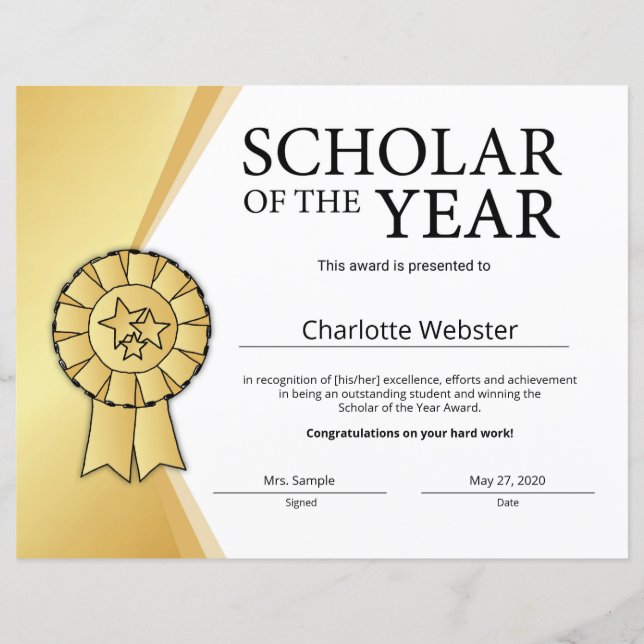 Gold Scholar of the Year Award Honor Certificate (Front)