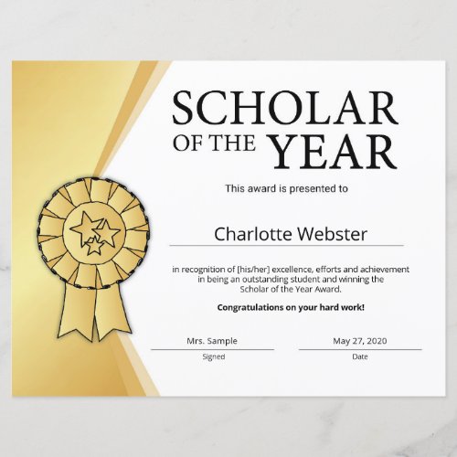 Gold Scholar of the Year Award Honor Certificate