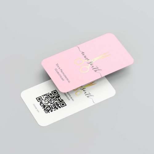 Gold Scissor Hairstylist Hairdresser QR Pink Business Card