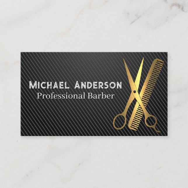 Gold Scissors and Comb | Carbon Fiber Business Card (Front)