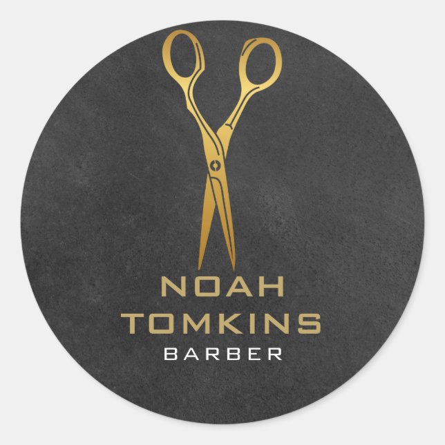 Gold Scissors Barber Chalkboard Classic Round Sticker (Front)