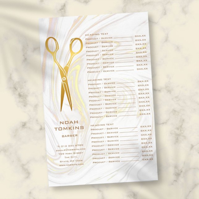 Gold Scissors Barber Marble Service Menu Flyer (Gold Scissors Barber Marble Service Menu Flyer)