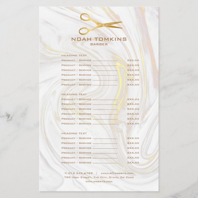 Gold Scissors Barber Service Menu Marble Flyer (Front)