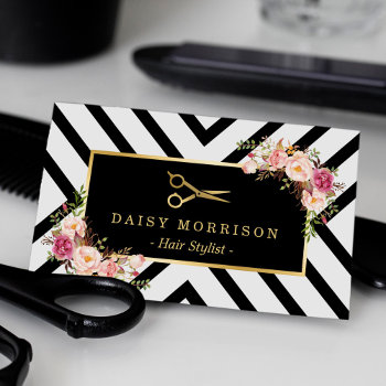 Gold Scissors Floral Hair Stylist Beauty Salon Business Card by CardHunter at Zazzle