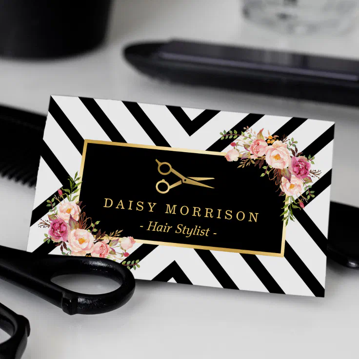 Gold Scissors Floral Hair Stylist Beauty Salon Business Card | Zazzle