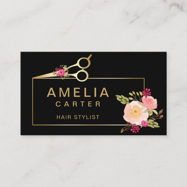 Gold Scissors Floral Hair Stylist Salon Business Card (Front)