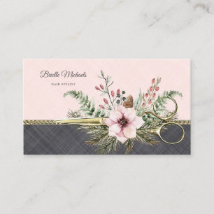 Gold Scissors Floral Pink Gray Linen Hair Stylist Business Card