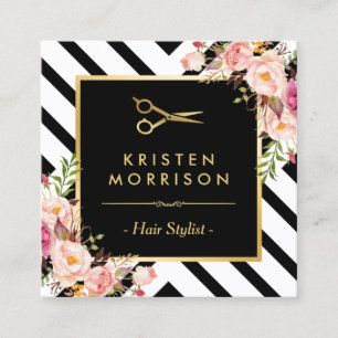 Gold Scissors Flowers Hair Stylist Appointment Card