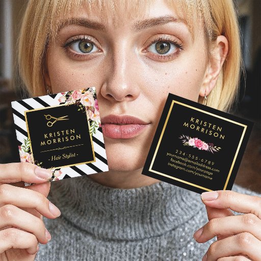 Customizable Gold Scissors Flowers Hair Stylist Beauty Salon Square Business Card
