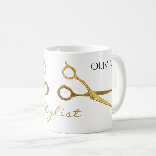 Gold Scissors Hair Stylist and Name Coffee Mug