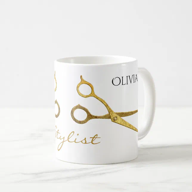 Gold Scissors Hair Stylist And Name Coffee Mug Zazzle