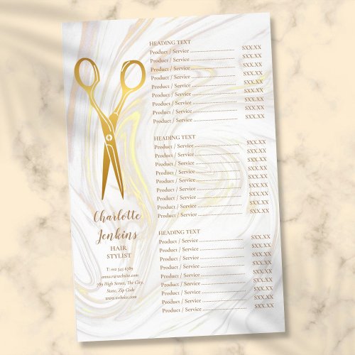 Gold Scissors Hair Stylist Marble Service Menu Flyer