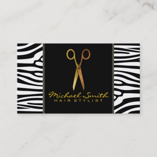 Gold Scissors Hair Stylist Modern Zebra Skin 4 Business Card