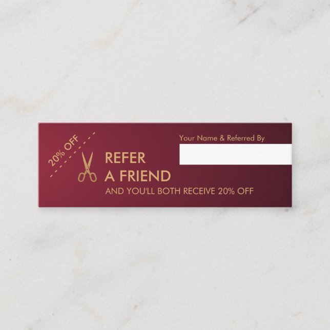 Gold Scissors Hair Stylist Wine Gradient Referral Mini Business Card (Front)