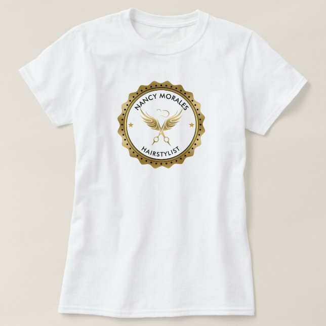 Gold Scissors Hairstylist Logo Custom Text T-Shirt (Design Front)