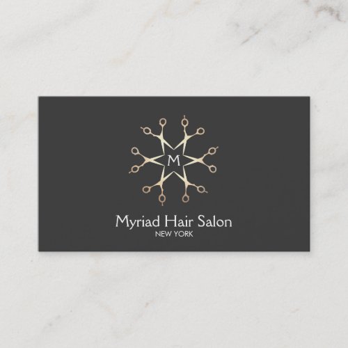 Gold Scissors Logo Hair Stylist Black Monogram Business Card
