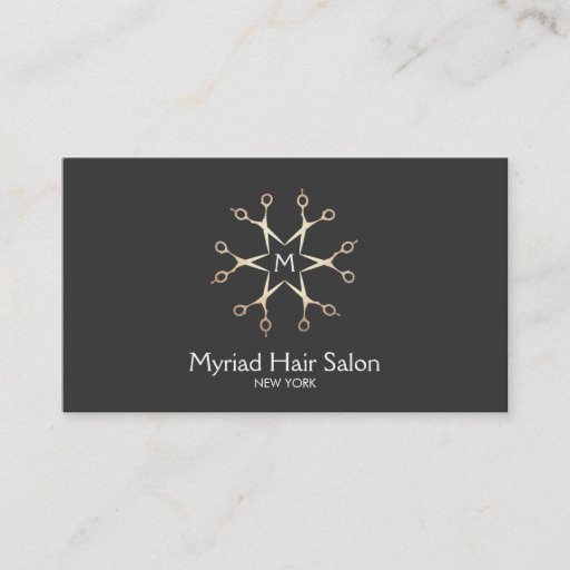 Customizable Gold Scissors Hair Stylist Salon Black Monogram Business Card