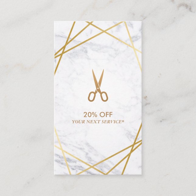 Gold Scissors Marble HairStylist Discount Vertical Business Card (Front)