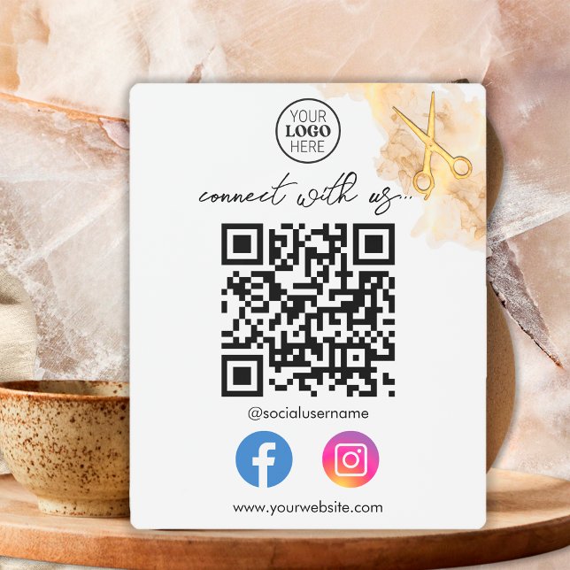 Gold Scissors Metal Business Card With QR Code Metal Print (Front)