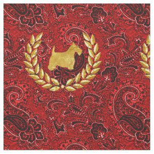 Gold Scottie Wreath Rich Red Paisley Fabric