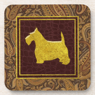 Gold Scottish Terrier Paisley and Leather Patterns Beverage Coaster