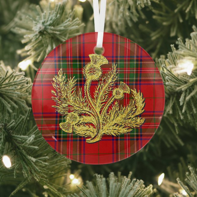 Gold Scottish Thistle on Plaid Glass Ornament (Insitu)