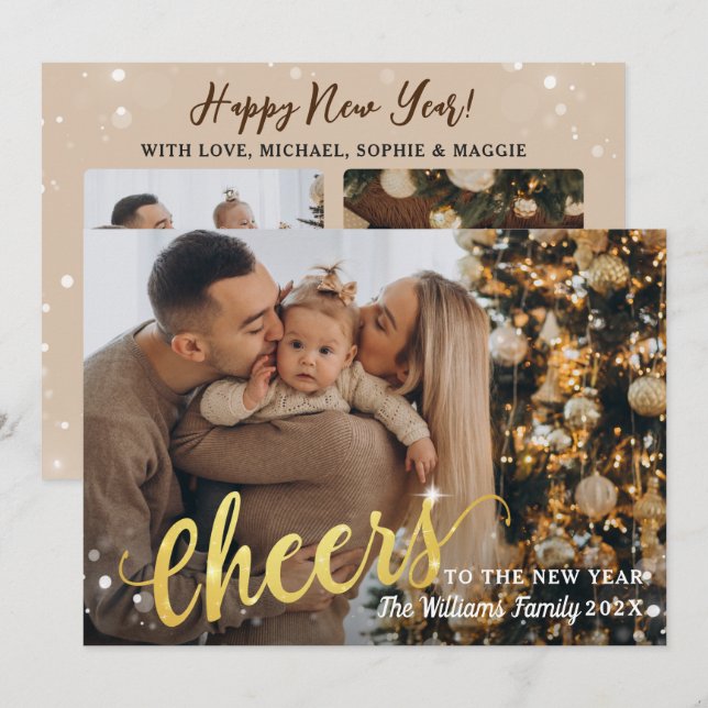 Gold Script 3 Photo Cheers to the New Year Linen Holiday Card (Front/Back)