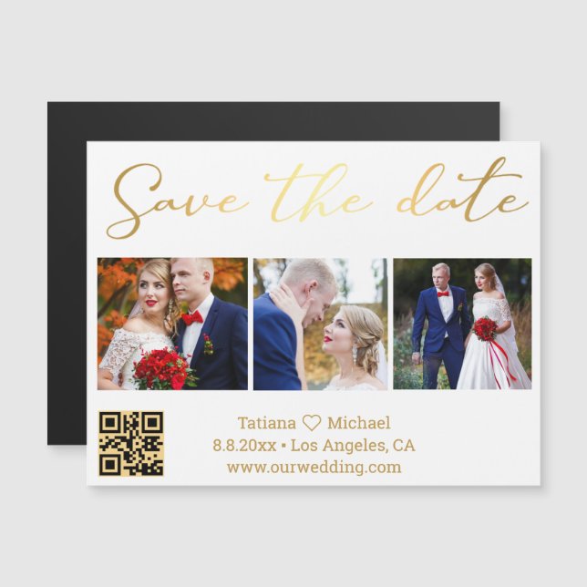Gold Script 3 Photo QR Code Save The Date Magnet (Front/Back)