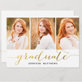 Gold Script 3 Photos Collage Graduation Party Invitation by monogramgallery at Zazzle