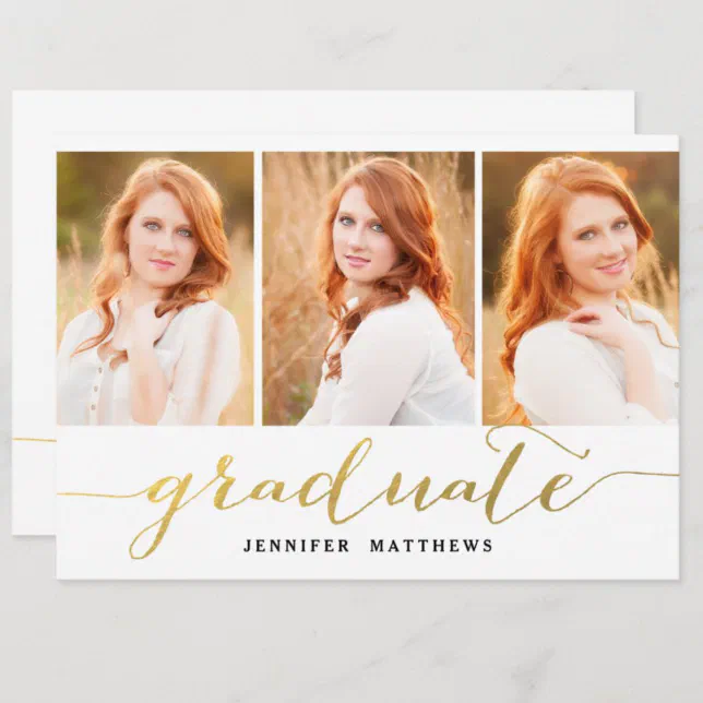 Gold Script 3 Photos Collage Graduation Party Invitation 