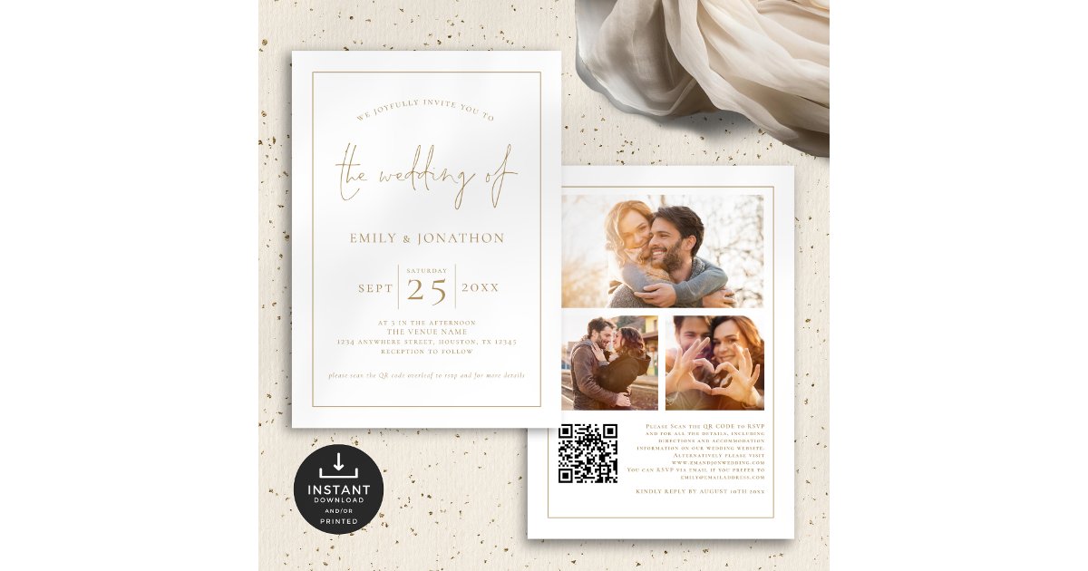 Gold Script 3 Photos Line Border QR Code Wedding Invitation | Zazzle