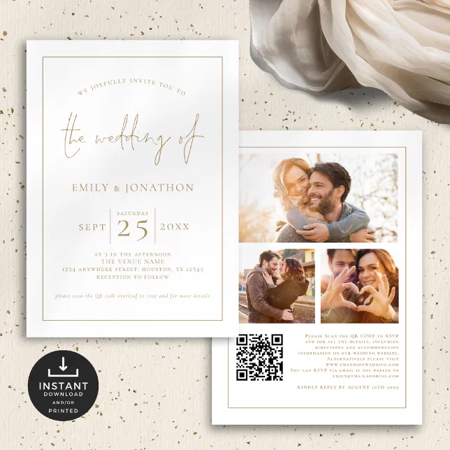 Gold Script 3 Photos Line Border QR Code Wedding Invitation | Zazzle