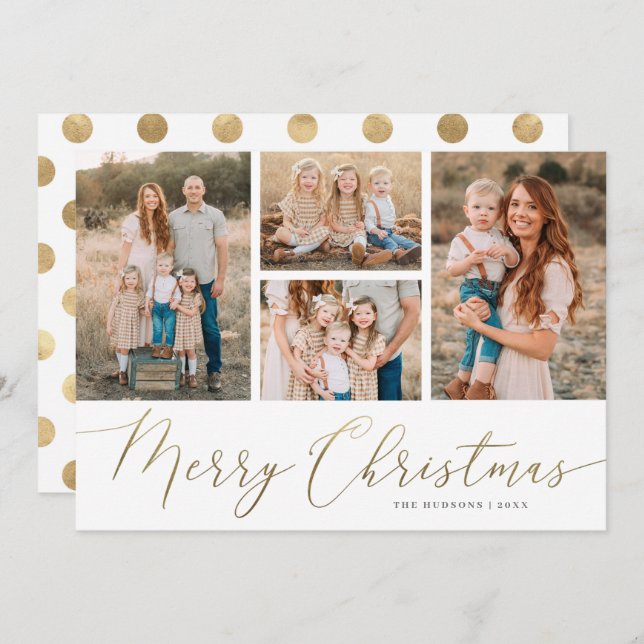 Gold Script 4 Photos Merry Christmas Flat  Holiday Card (Front/Back)