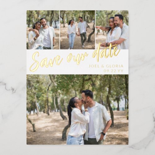 Gold Script 4 Photos Wedding Save Our Date Foil Invitation Postcard